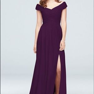 CRISSCROSS OFF-THE-SHOULDER MESH BRIDESMAID DRESS